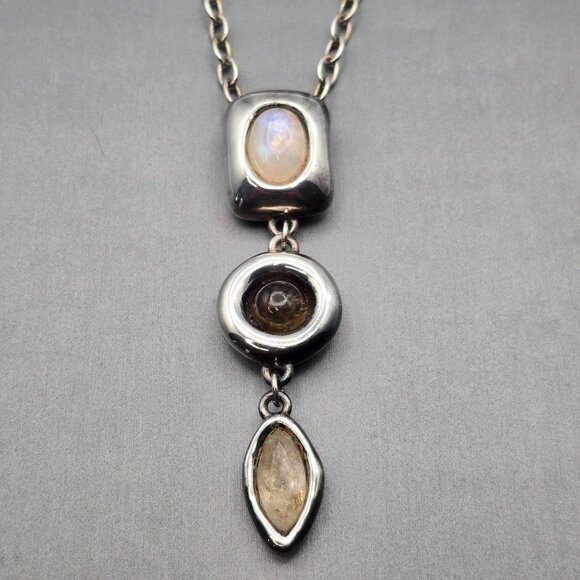 Bat-Ami 925 Electroform Pendant Necklace 18" Moonstone Smoky & Rutilated Quartz - Picture 1 of 14